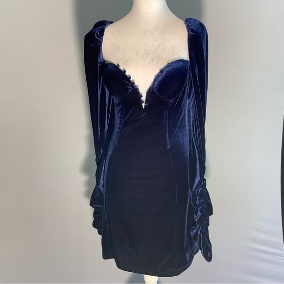 FASHIONNOVA, Sz M, Velveteen, Midnight Blue, BodyCon, Mini-Dress W Deep V Neck - Picture 2 of 16